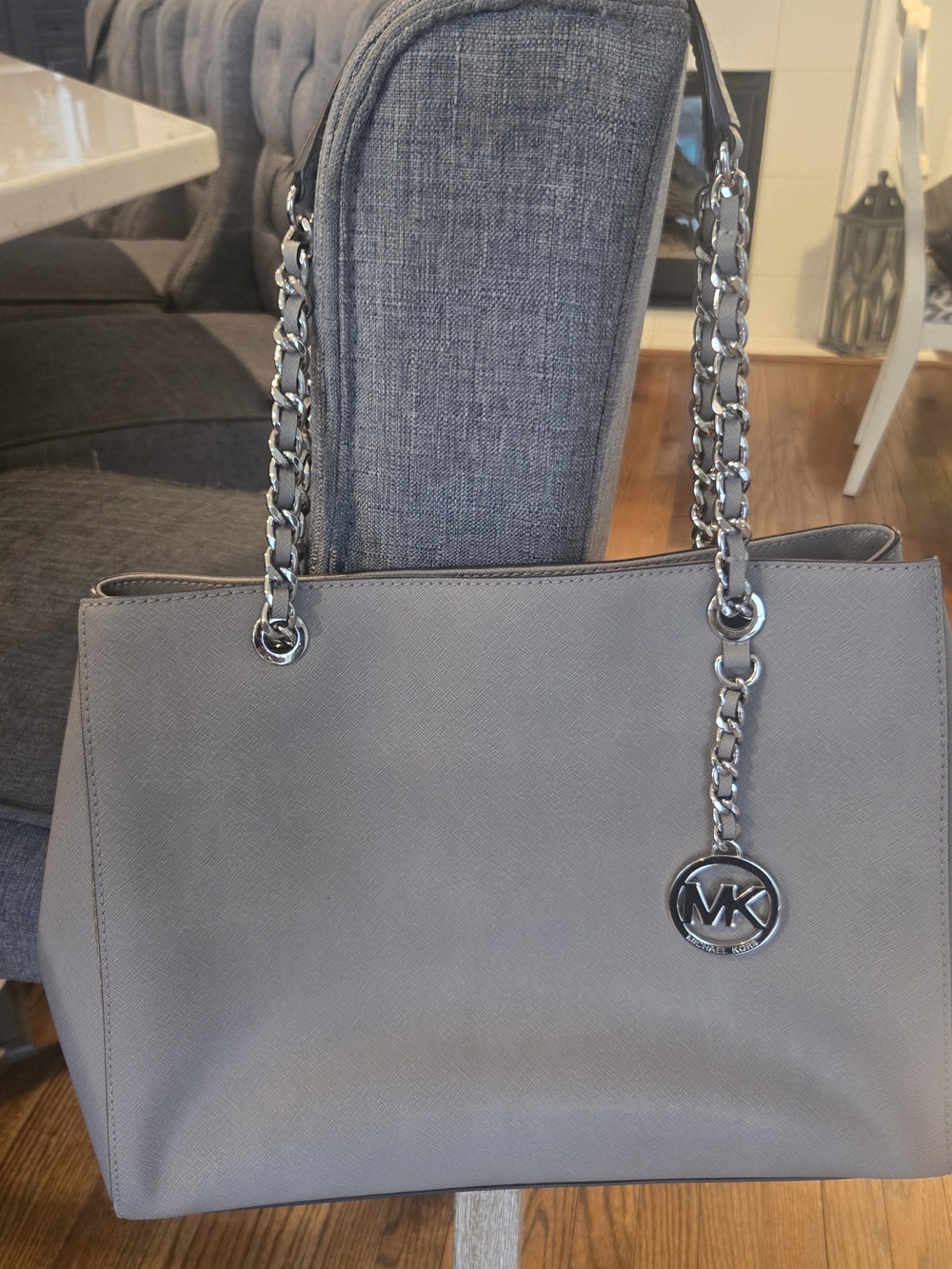 Michael Kors Gray Saffiano Tote with Silver Chain Detail